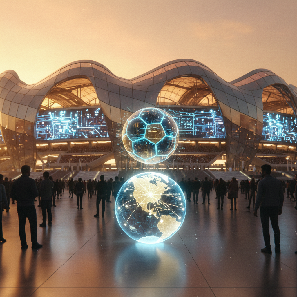 Acción en la cancha del mundial 2026 con el balon con IA mundial 2026 en movimiento